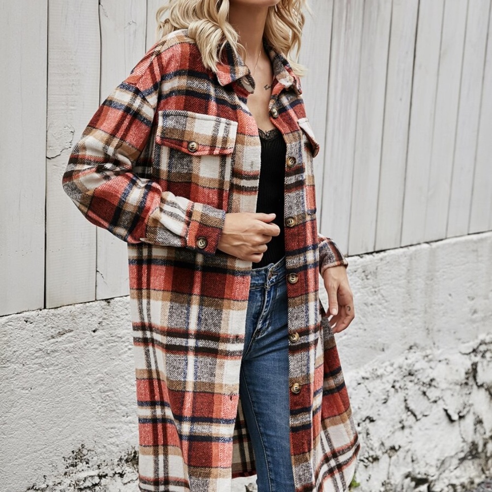 Comfy pink Plaid Button up Oversized Jacket Shacket - Picture 11 of 13